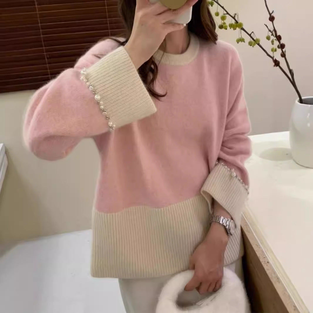 Damen Modischer Strickpullover mit perlverzierten Ärmeln Drune