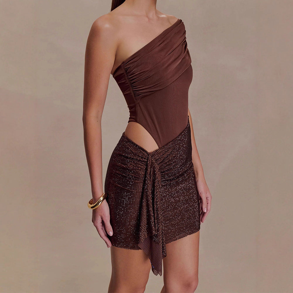 Damen Elegantes One-Shoulder Kleid mit funkelndem Rock Drune