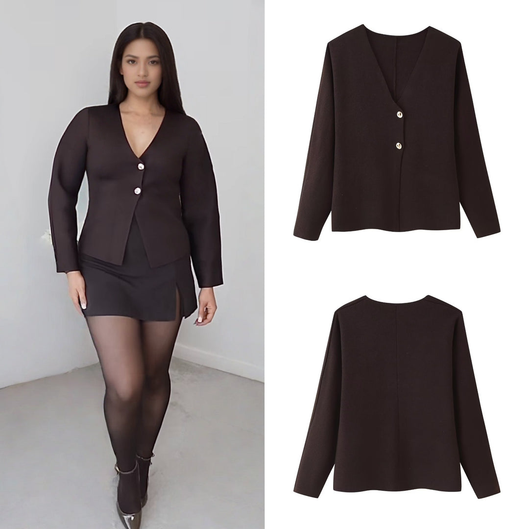 Damen elegante Strickjacke mit V-Ausschnitt und Knopfleiste Drune