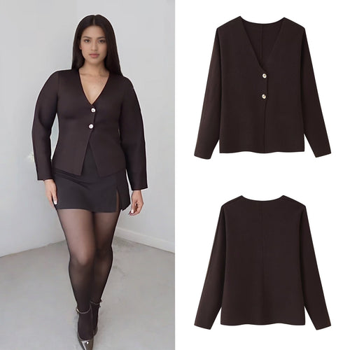 Damen elegante Strickjacke mit V-Ausschnitt und Knopfleiste Drune