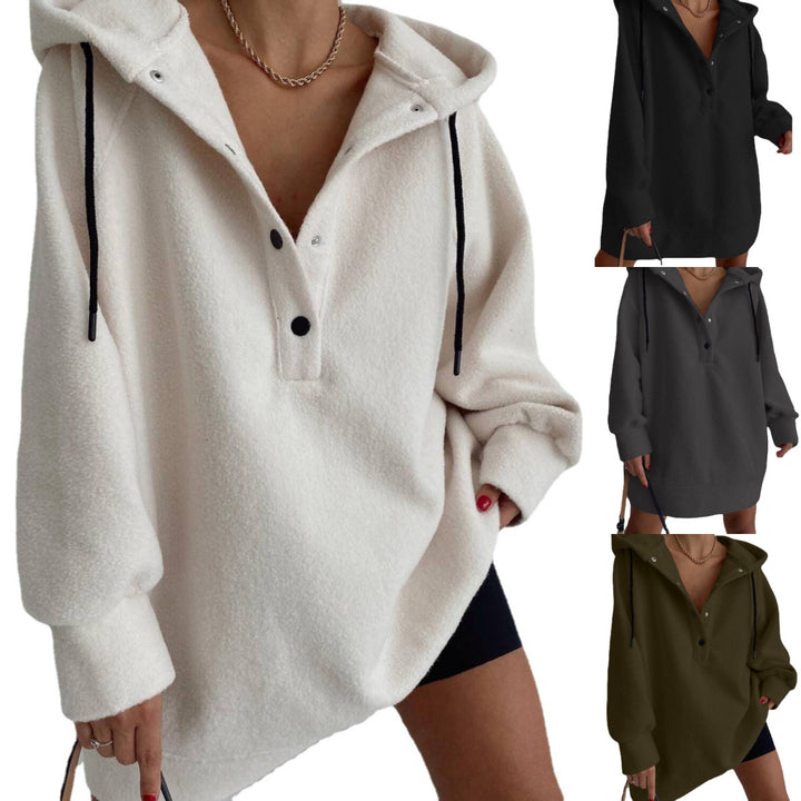 Damen nan kuscheliges Kapuzen-Fleece-Tunika-Sweatshirt mit Druckknopfleiste und überschnittener Schulter Drune