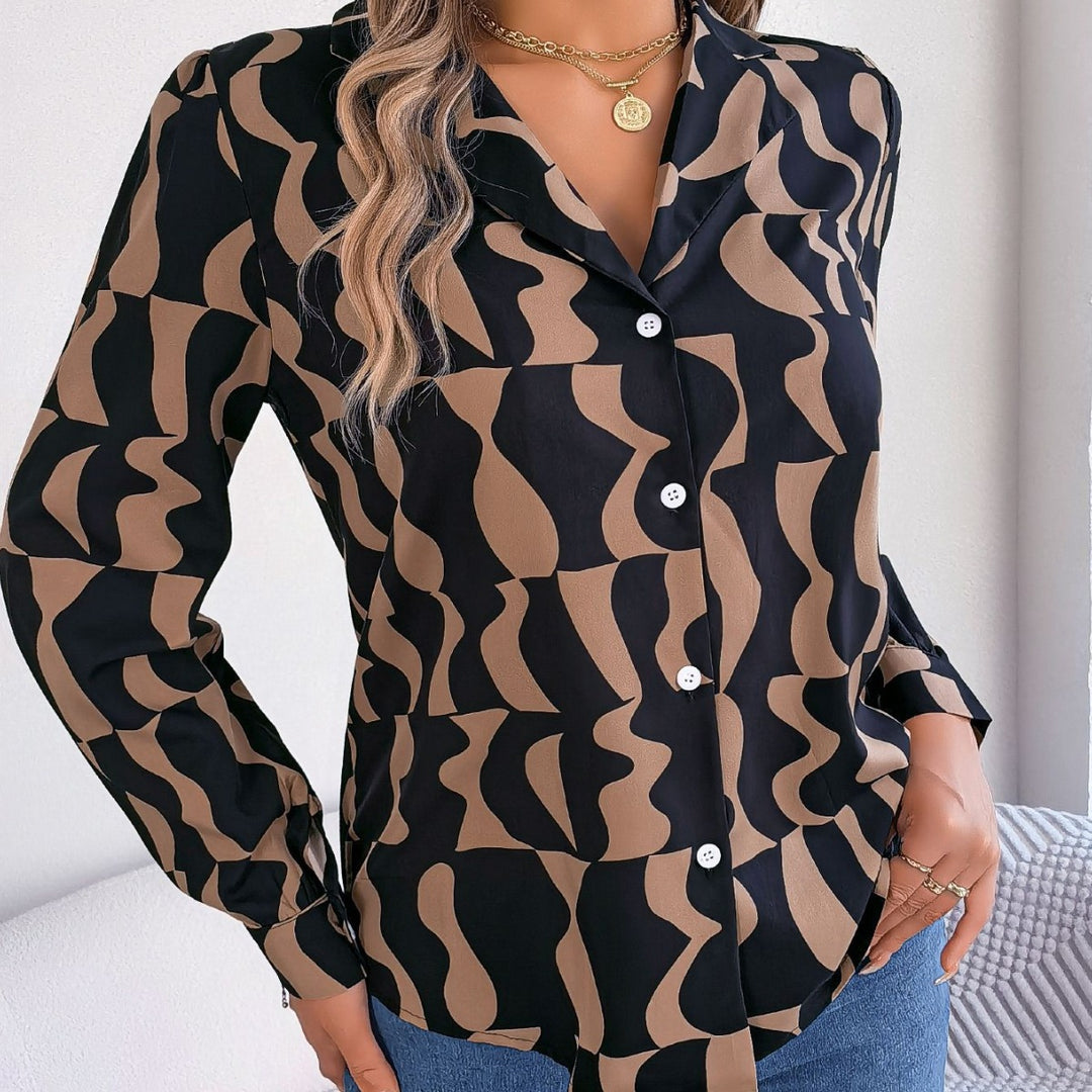 Damen Bluse mit modischem Grafikdruck und elegantem Kragen Drune
