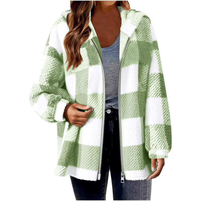Damen Fleecejacke mit Karo-Muster und Kapuze Drune