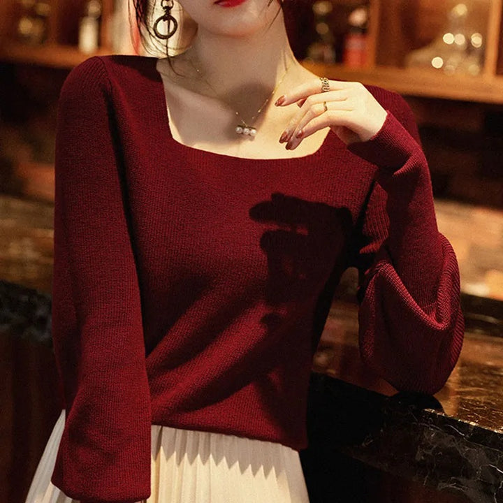Damen eleganter Strickpullover mit schickem Quadrat-Ausschnitt und weitem Schnitt Drune