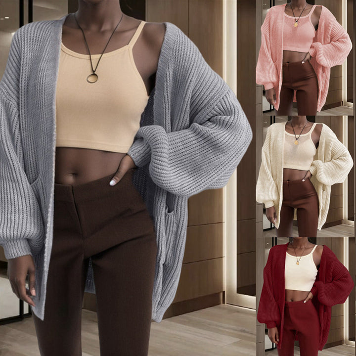 Damen Großer Strickjacke mit voluminösen Ärmeln und praktischen Taschen Drune