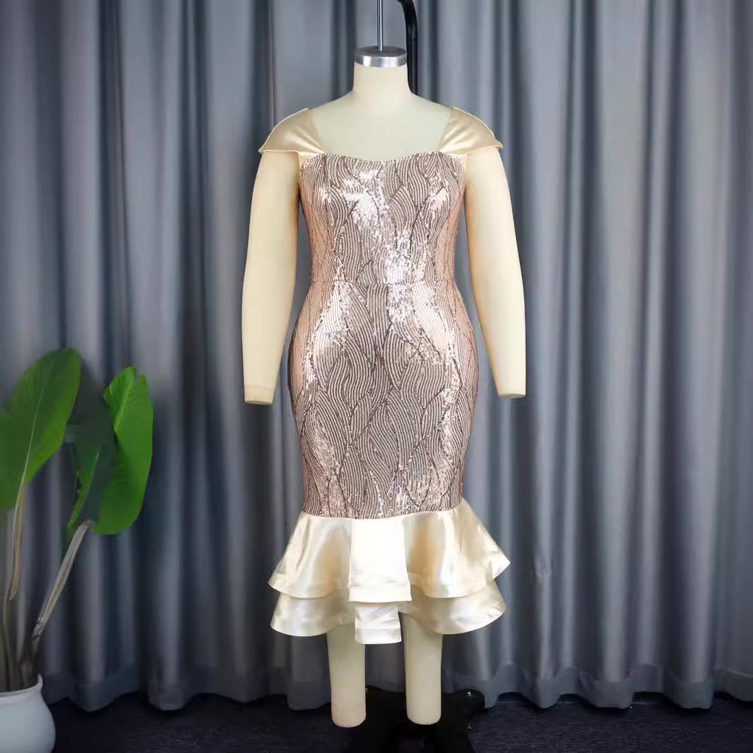 Damen Elegantes Abendkleid mit schimmernden Pailletten und femininem Rüschensaum Drune