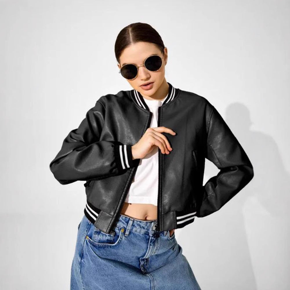 Damen modische Kunstleder-Bomberjacke mit elastischen Bündchen und Taschen Drune