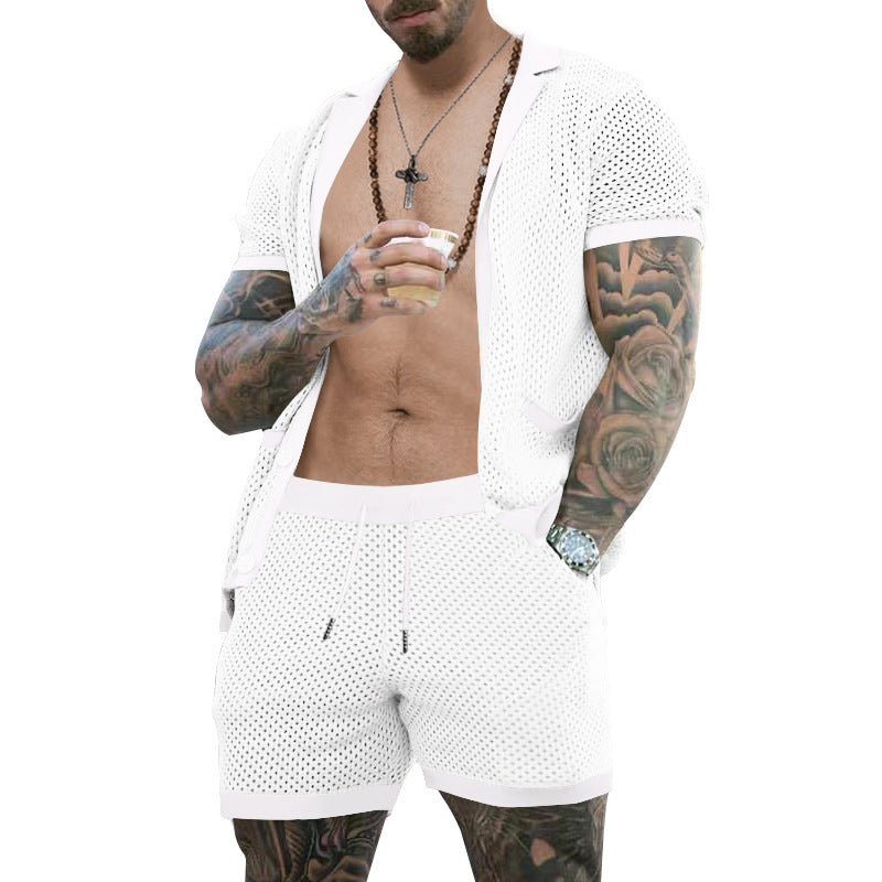 Herren nan offener Netzstrick-Cardigan mit passenden Kordelzug-Shorts Drune