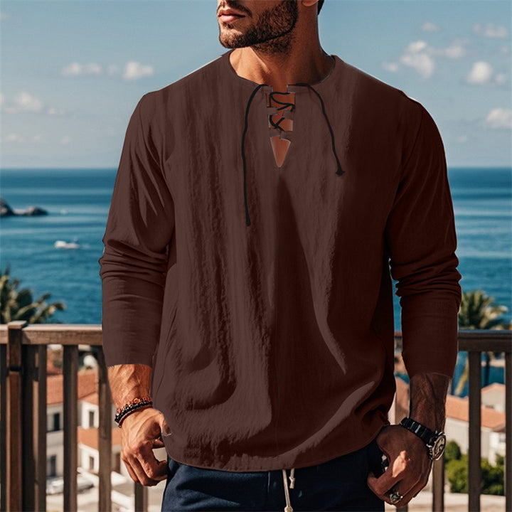 Herren modisches Langarmshirt mit Schnürung und V-Ausschnitt Drune