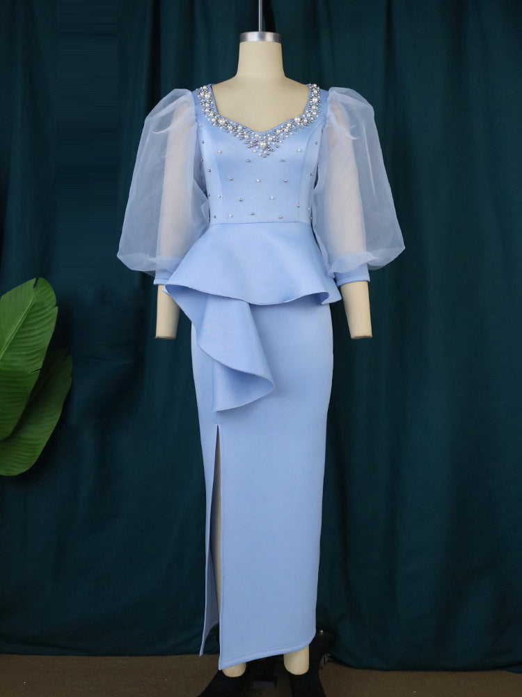 Damen Elegantes Abendkleid mit funkelnden Perlen und voluminösen Tüllärmeln Drune
