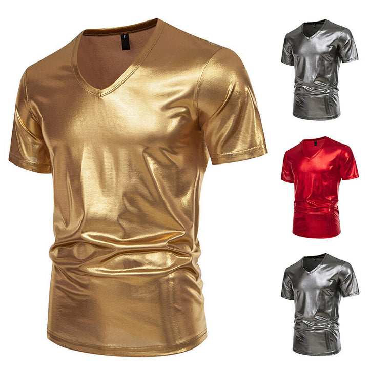 Herren Glänzendes Metallisches V-Ausschnitt T-Shirt Drune