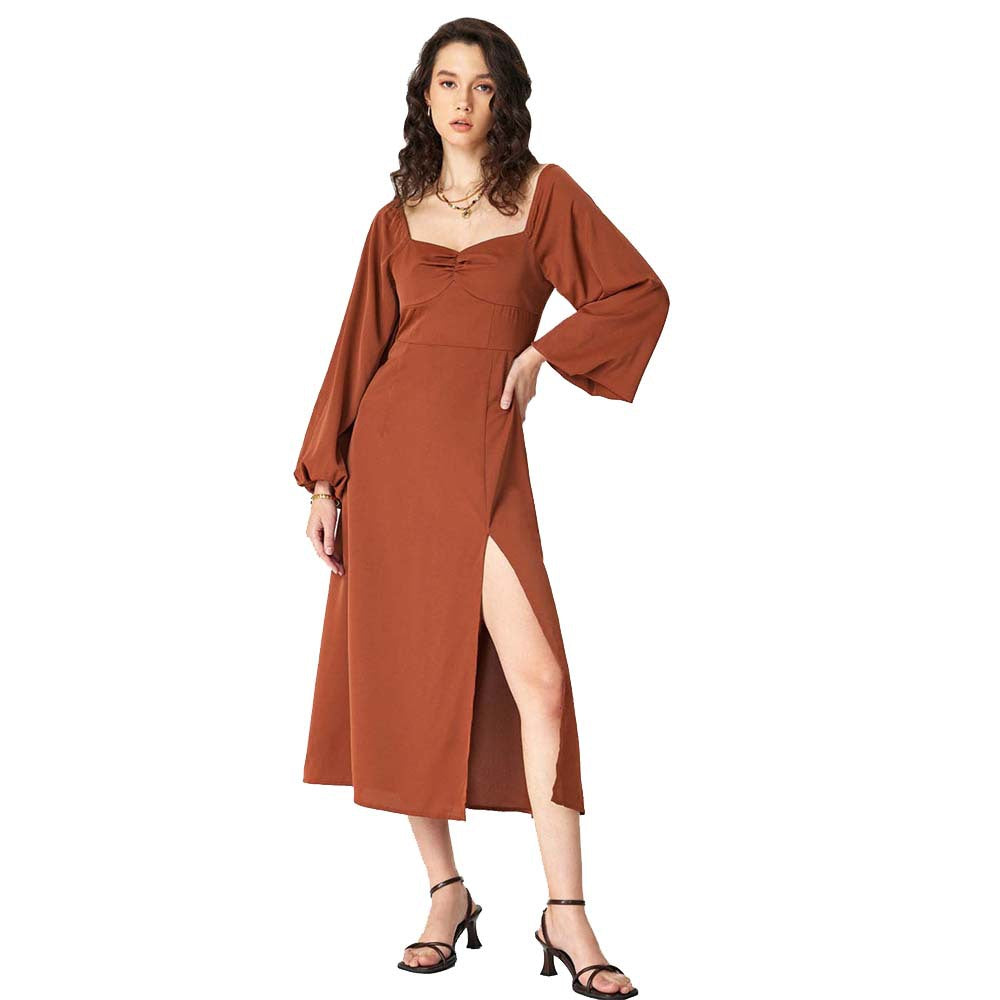 Damen Midi-Kleid mit raffinierten Puffärmeln und hohem Schlitz Drune