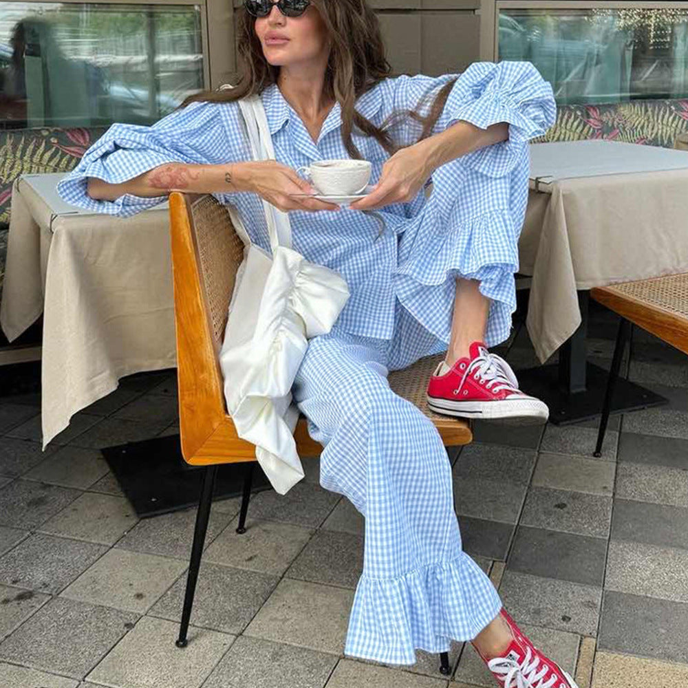 Damen Lässiges Karomuster-Pyjama-Set mit voluminösen Ärmeln und Rüschen Drune