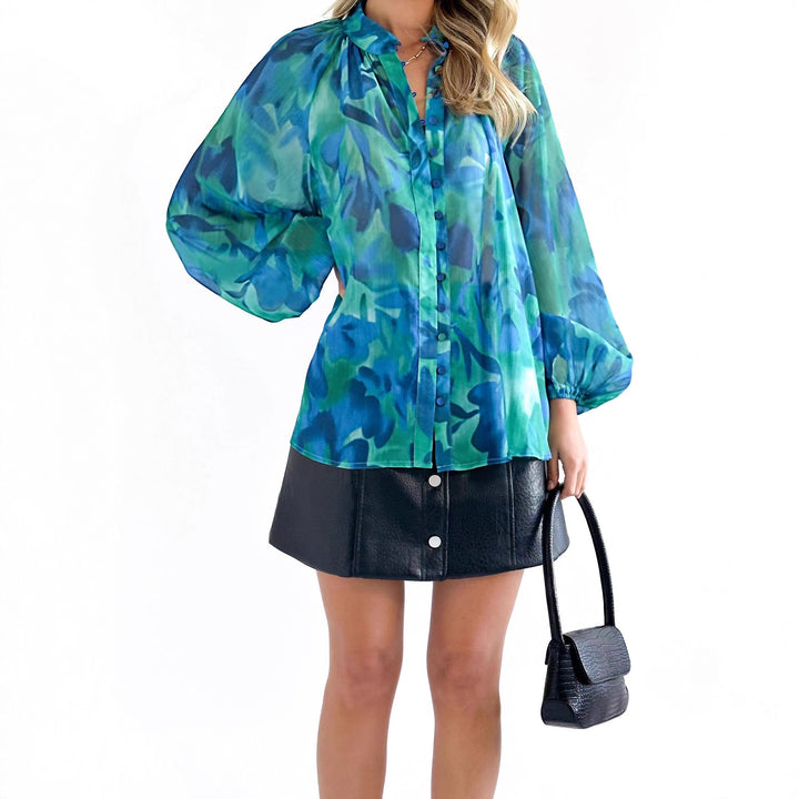 Damen Transparente Bluse mit Ballonärmeln und floralem Druck Drune