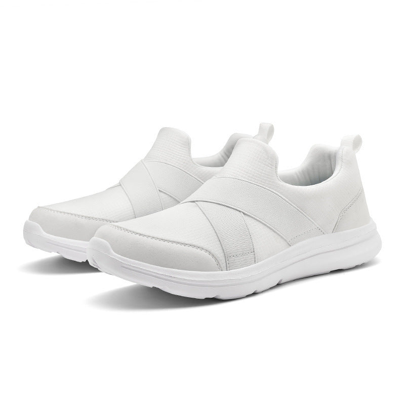 Damen nan elastischer Slip-On Komfort-Sneaker mit atmungsaktivem Strickoberteil, gekreuzten Stretchriemen und dämpfender EVA-Sohle Drune