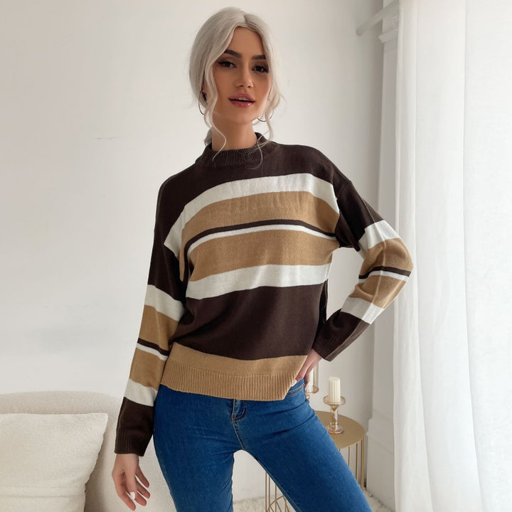 Damen modischer Strickpullover mit farbigem Streifenmuster und hohem Kragen Drune