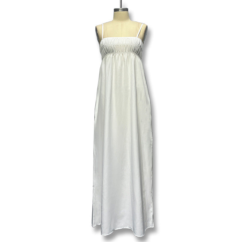 Damen Maxi-Kleid mit gerafftem Oberteil und seitlichen Taschen Drune