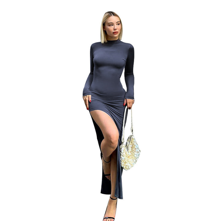 Damen langärmeliges Minikleid mit hohem Schlitz und elegantem Stehkragen Drune