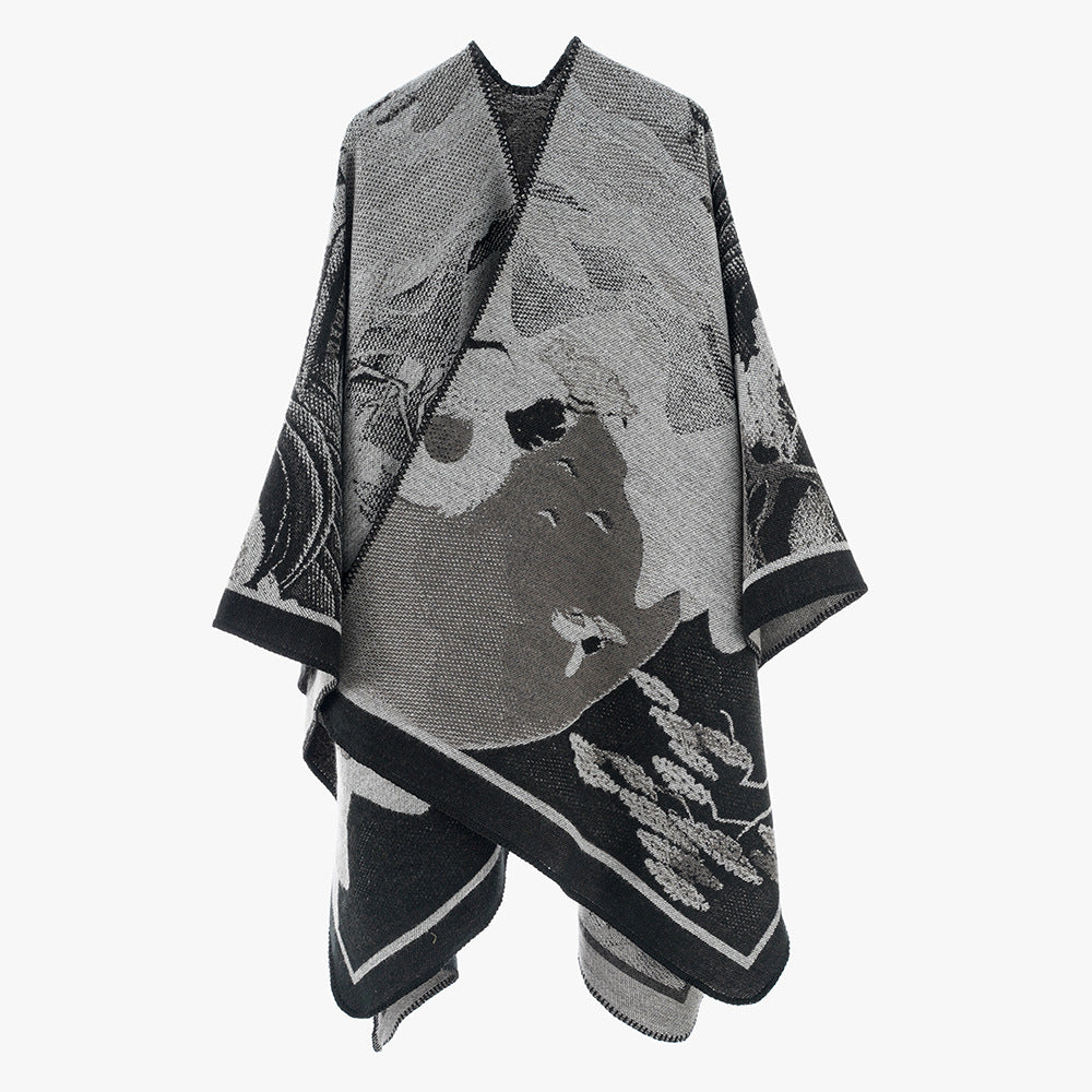 Damen Designer Poncho mit modernem floralen Muster und luxuriöser Strickstruktur Drune