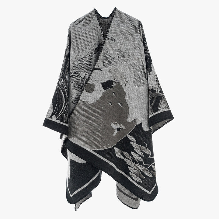 Damen Designer Poncho mit modernem floralen Muster und luxuriöser Strickstruktur Drune