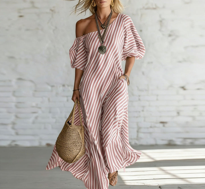 Damen Maxikleid mit asymmetrischem Schnitt und auffälligen Streifen Drune