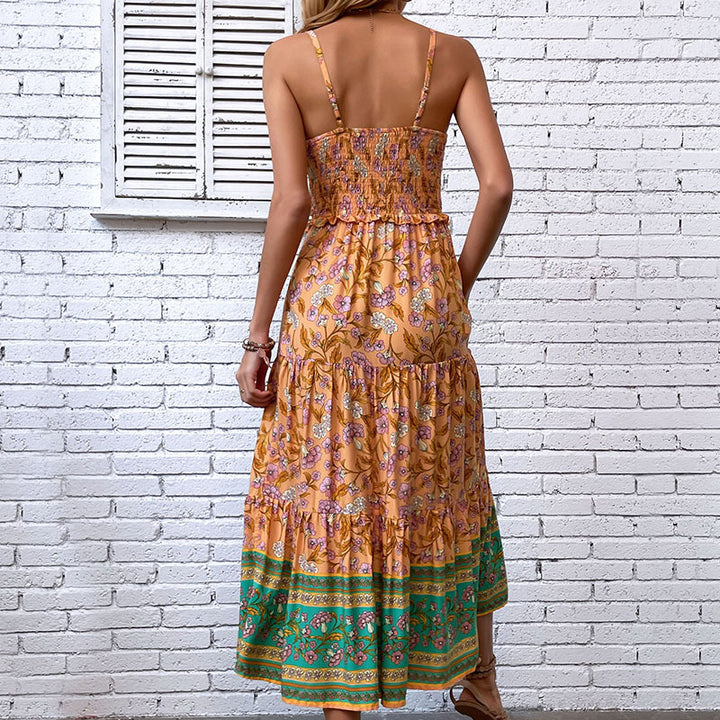 Damen Maxikleid mit elastischem Taillenzug und floralen Mustern Drune
