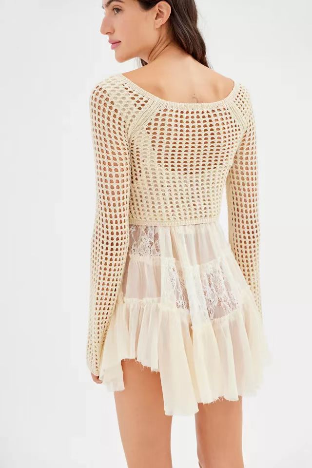 Damen gehäkeltes Crop-Top mit weiten Ärmeln und bunten Streifen Drune