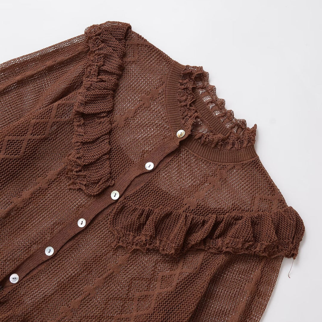 Damen elegante Strickjacke mit Rüschen und Knopfleiste Drune
