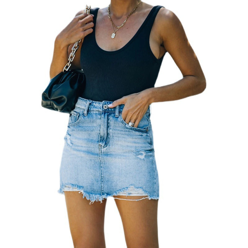Damen Rippstrick-Bodysuit mit zerrissener Denim-Minirock Drune