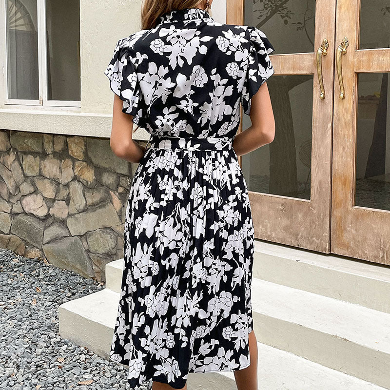 Damen elegantes Blumenkleid mit Rüschendetails und Bindegürtel Drune