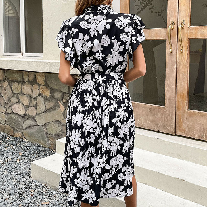 Damen elegantes Blumenkleid mit Rüschendetails und Bindegürtel Drune