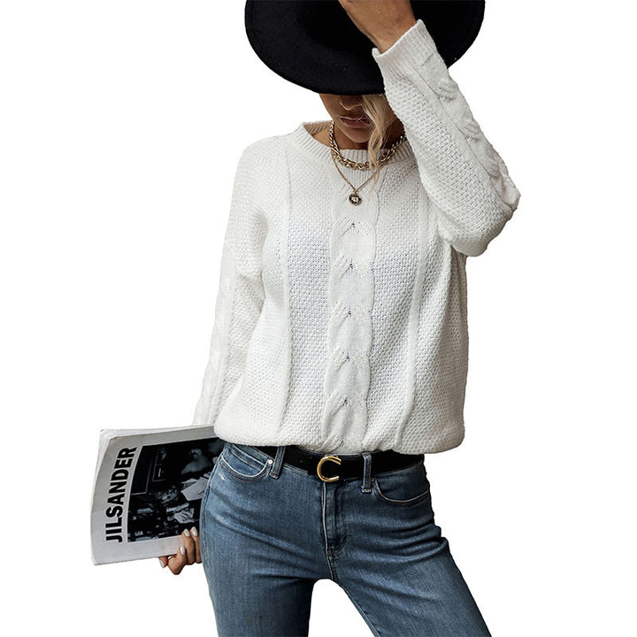 Damen lässiger Strickpullover mit modernem Zopfmuster und V-Ausschnitt Drune