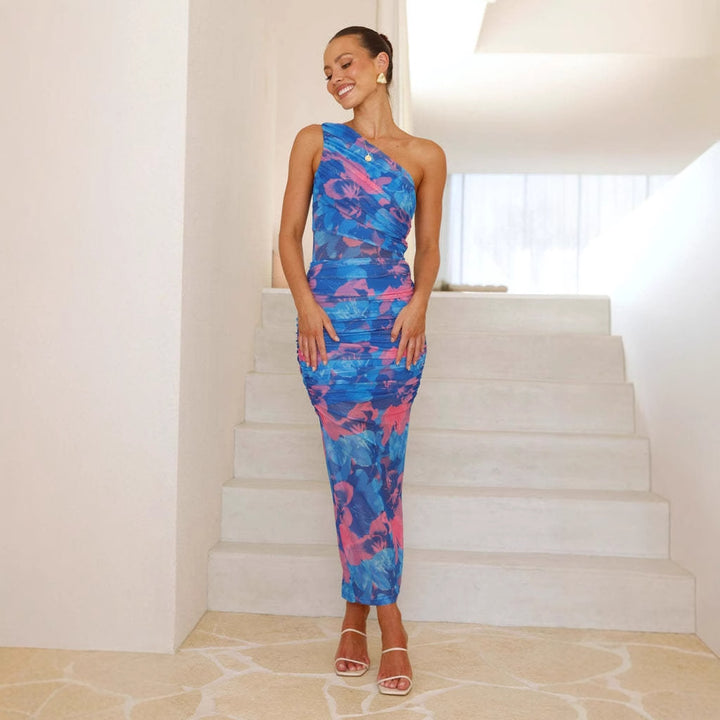 Damen Midikleid mit asymmetrischem Träger und floralem Raffdesign Drune
