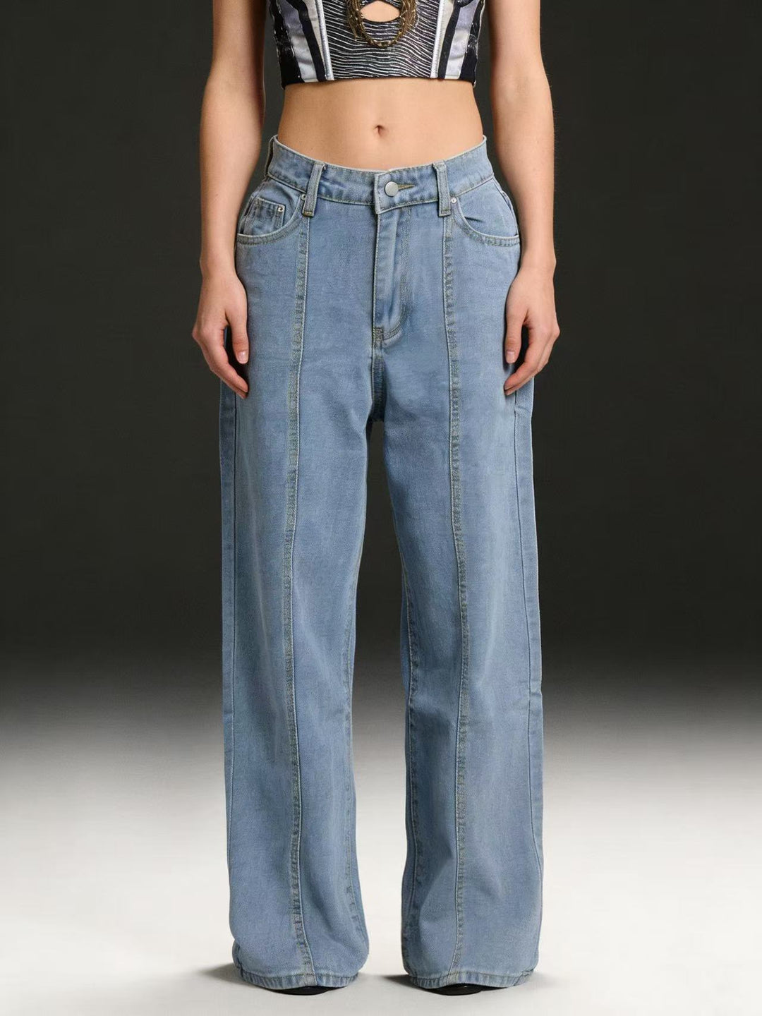 Damen Hoch taillierte weite Jeans mit raffinierten Nahtdetails Drune