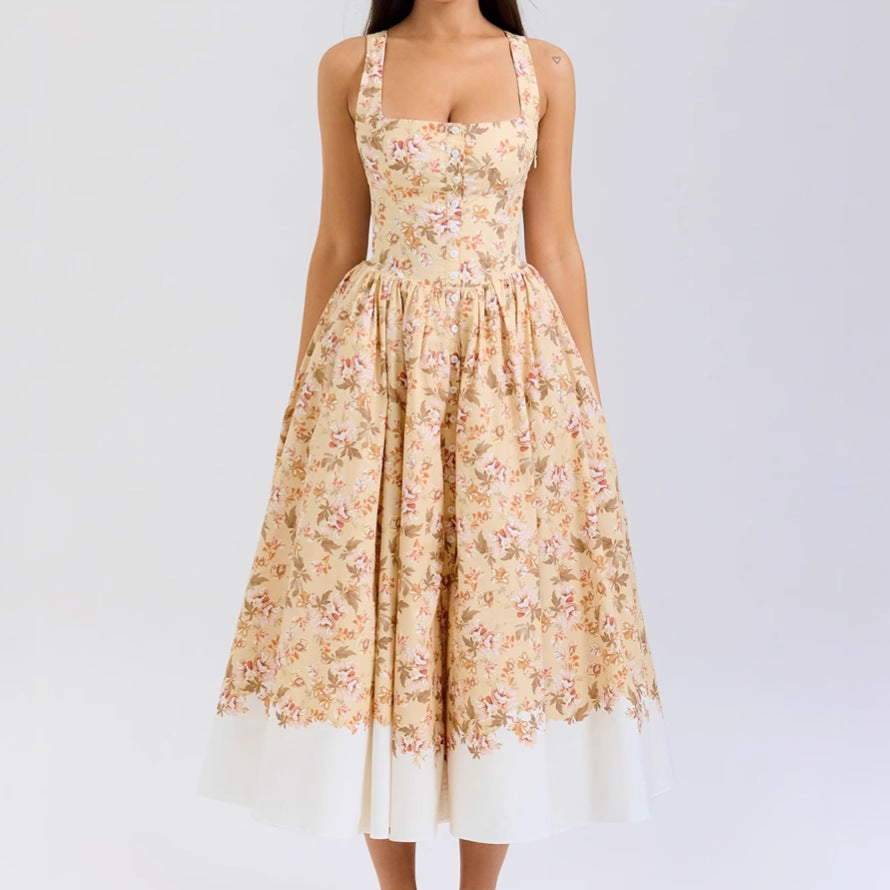 Damen Midi-Kleid mit elegantem floralem Muster und schmalen Trägern Drune