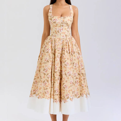 Damen Midi-Kleid mit elegantem floralem Muster und schmalen Trägern Drune