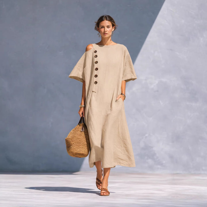 Damen Oversize-Langarmkleid mit asymmetrischem Ausschnitt und Knopfdetail Drune