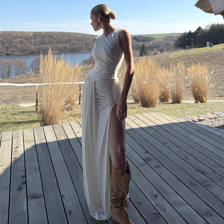 Damen Elegantes langes Kleid mit drapiertem Rock und seitlichem Schlitz Drune