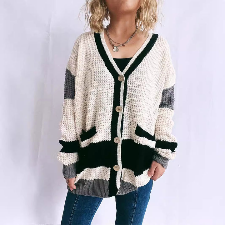 Damen Strickjacke mit modernen Streifenmustern und praktischen Taschen Drune