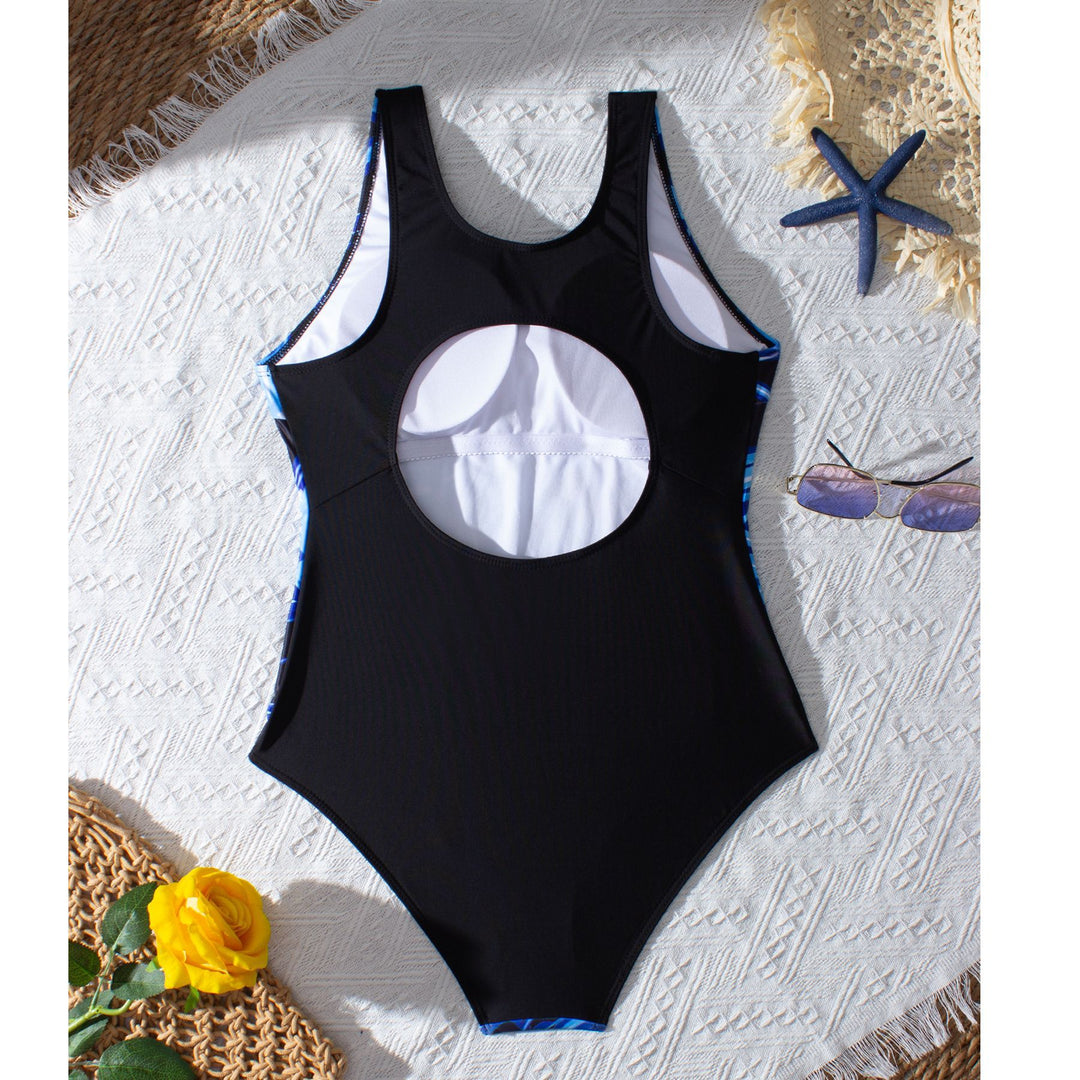 Damen Sportlicher Einteiler Badeanzug mit dynamischem Wasserdesign Drune