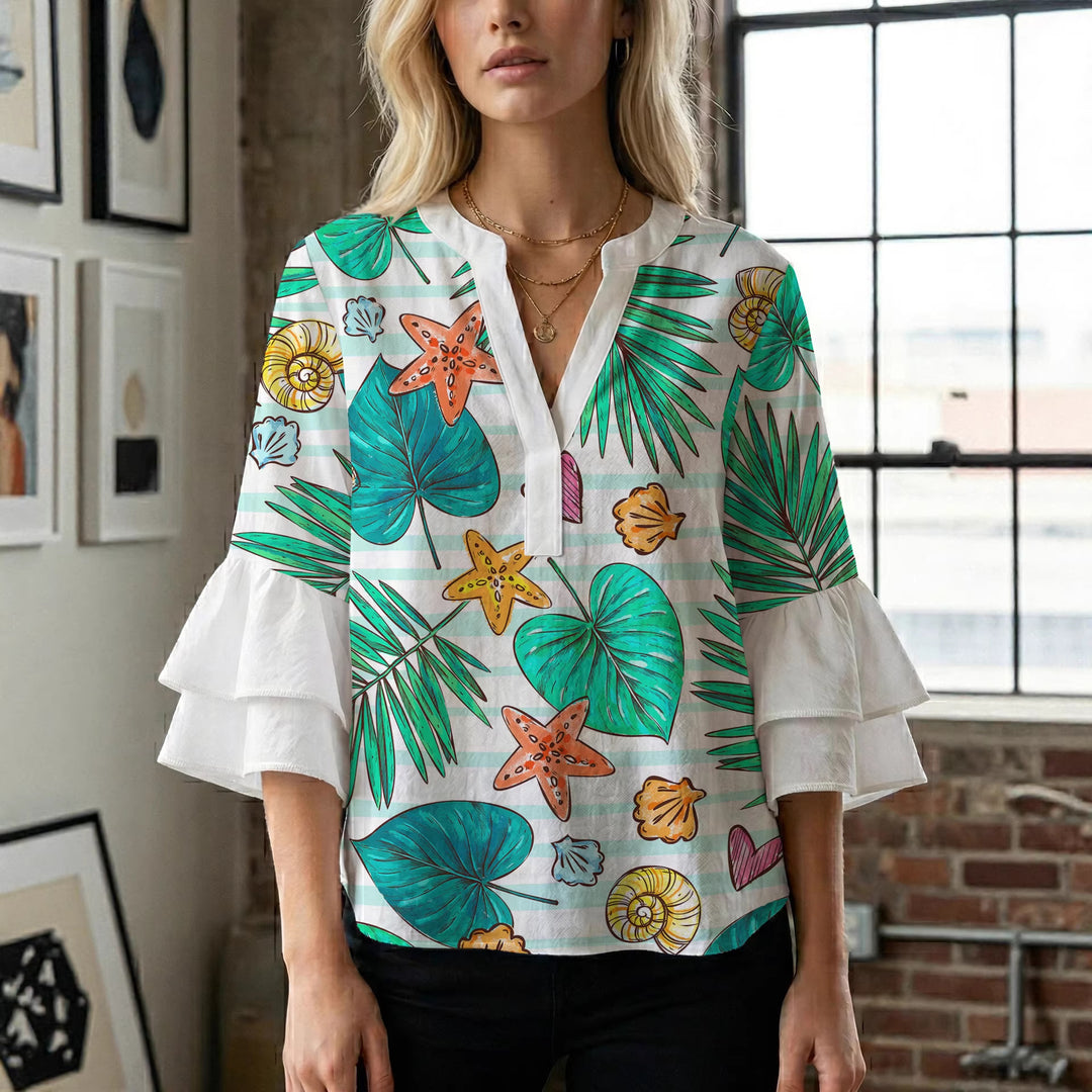 Damen Bluse mit voluminösen Rüschenärmeln und modernem Motiv Drune