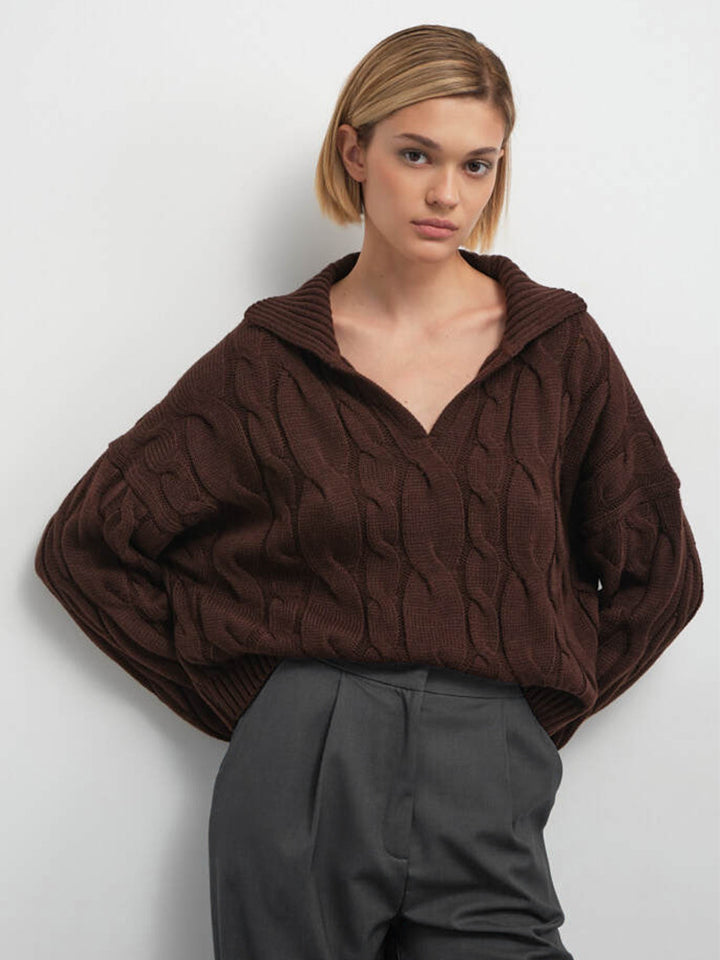 Damen Hoher Kragen Strickpullover mit Zopfmuster Drune