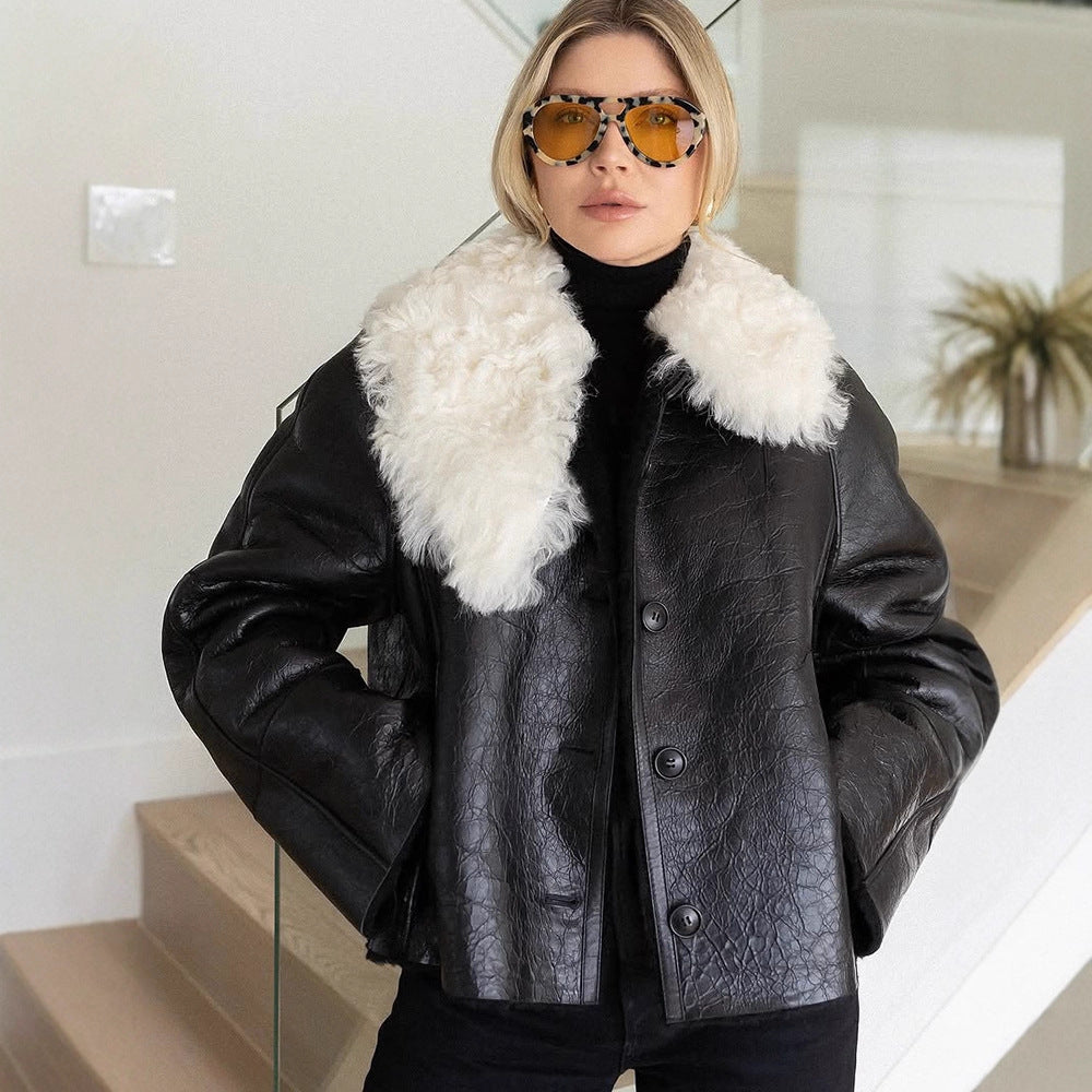 Damen luxuriöse Kunstlederjacke mit weichem Pelzkragen Drune