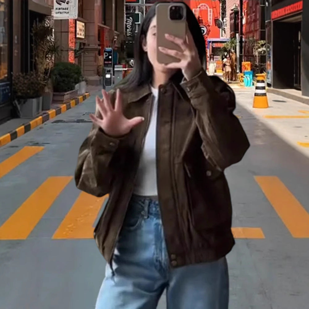 Damen Modische Kunstlederjacke mit lässigem Schnitt und praktischen Taschen Drune