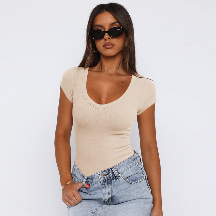 Damen figurbetontes V-Ausschnitt T-Shirt mit kurzen Ärmeln Drune