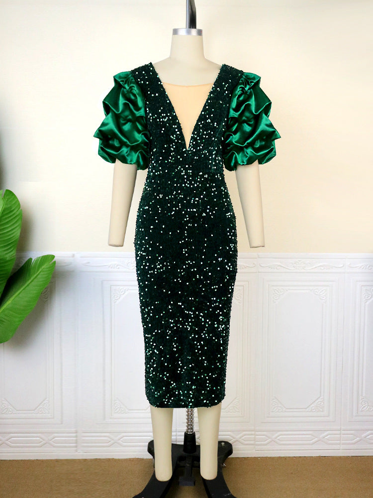Damen Glamouröses Partykleid mit funkelnden Pailletten und voluminösen Ärmel Drune