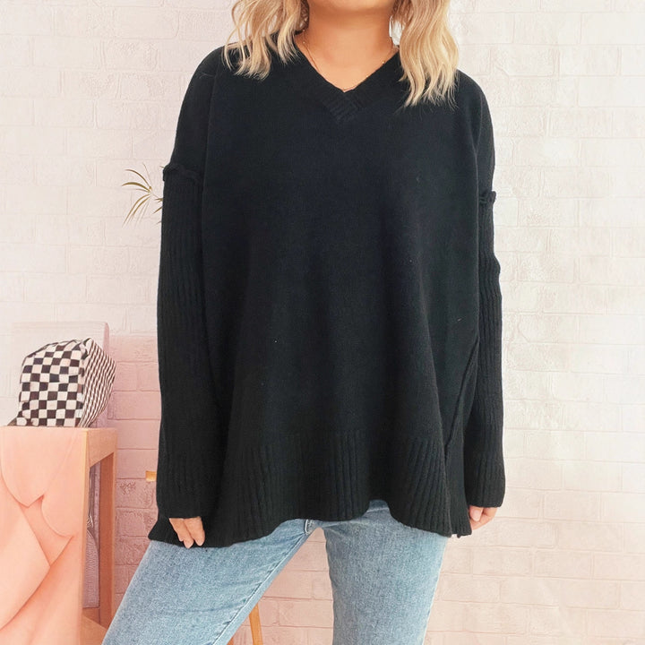 Damen lässiger V-Ausschnitt Pullover mit stylishen Rippdetails Drune