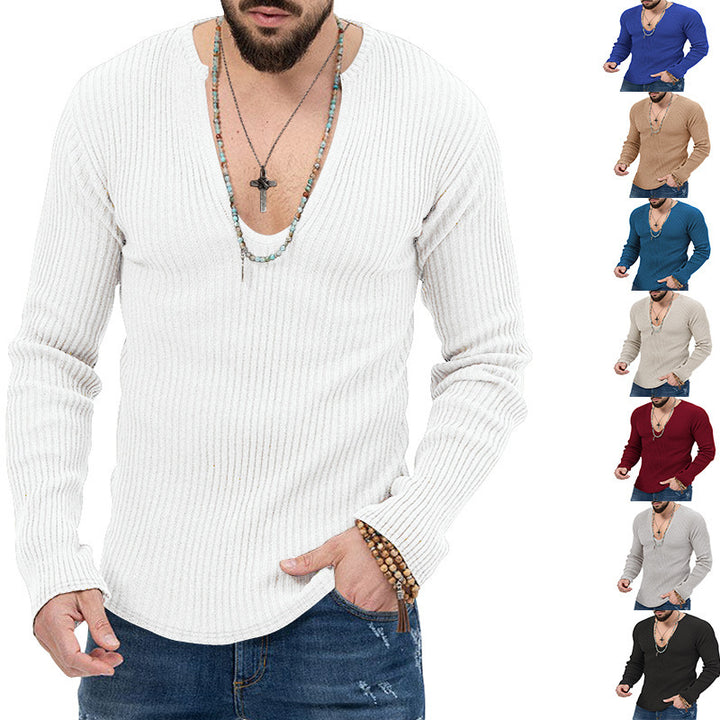 Herren Langarm-Rippenpullover mit tiefem V-Ausschnitt und modernem Schnitt Drune