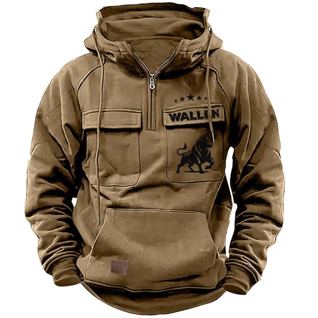 Herren nan Kapuzenpullover mit Halbzip, Cargo-Brusttaschen und Kängurutasche Drune