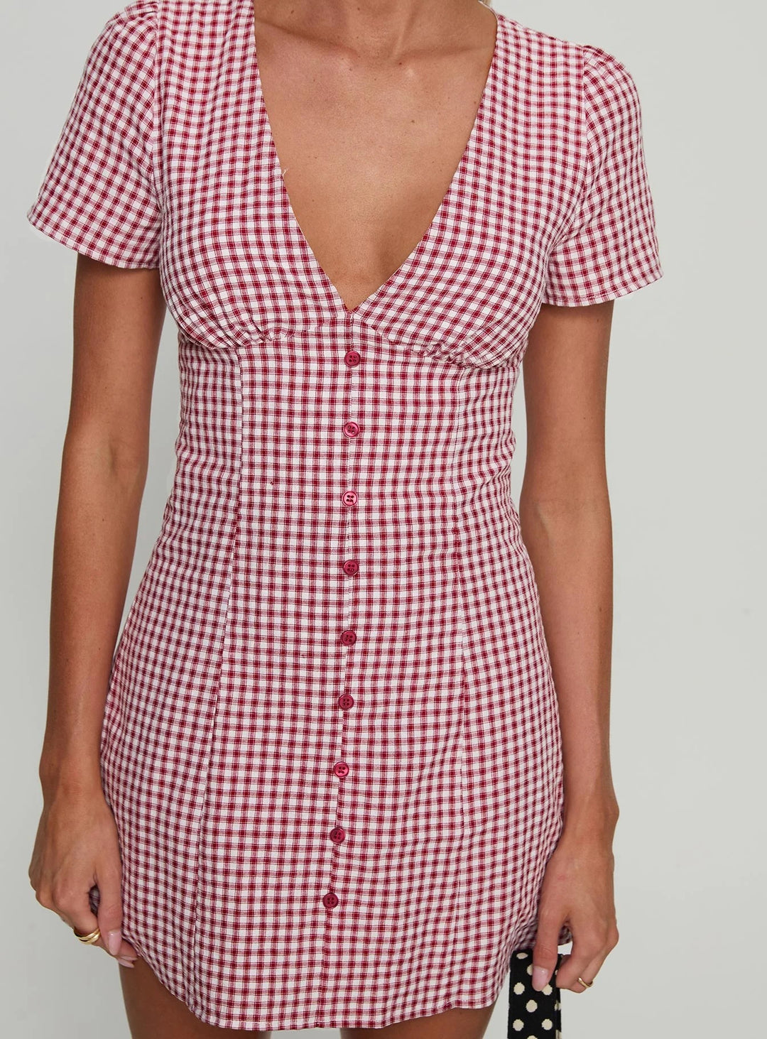 Damen Kurzärmeliges Kleid mit V-Ausschnitt und Knopfleiste Drune